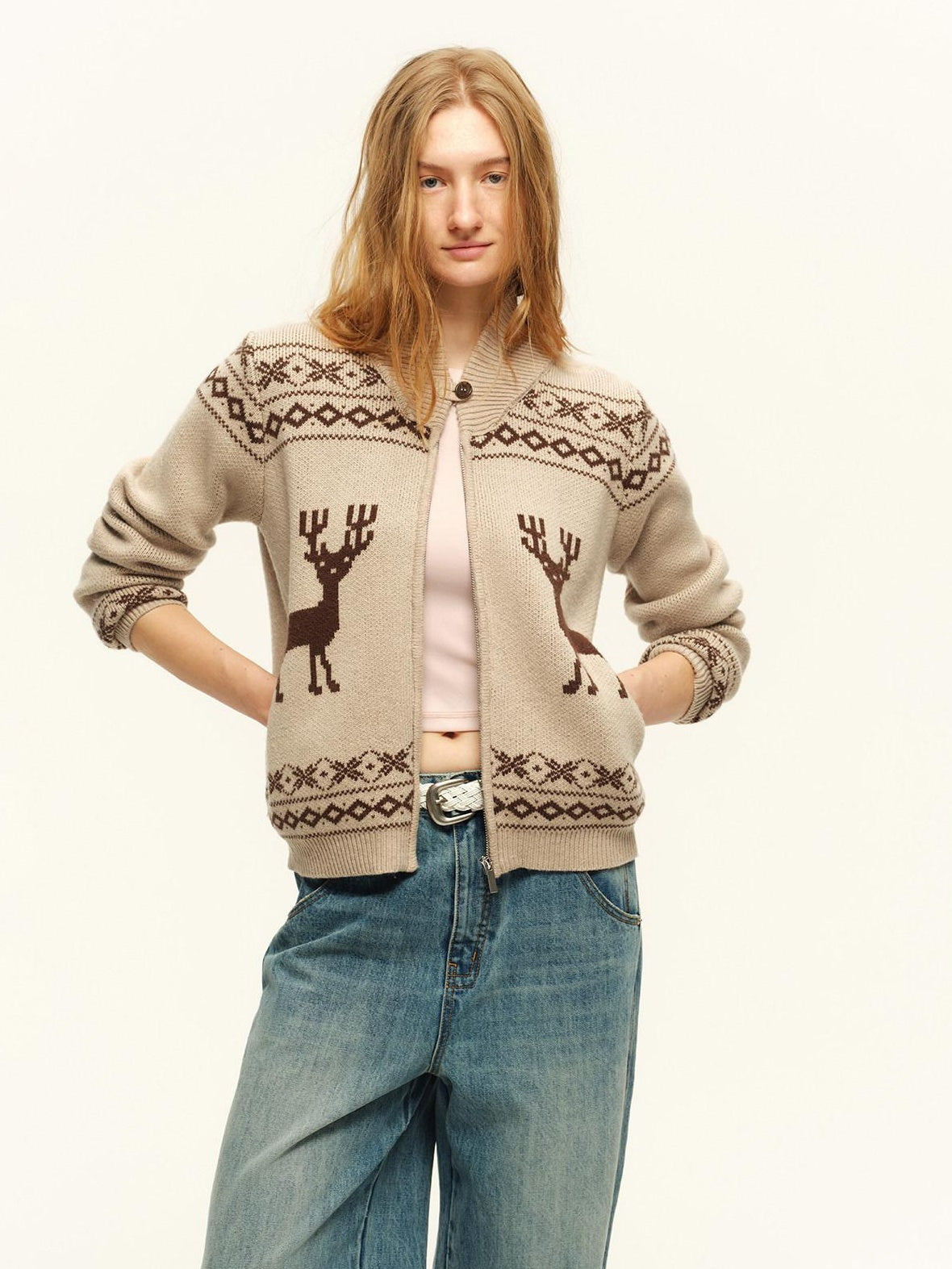 RUN TO THE FUTURE Soft Wool Blend Loose Zip Stand Collar Vintage Animal Camel Women Cardigans