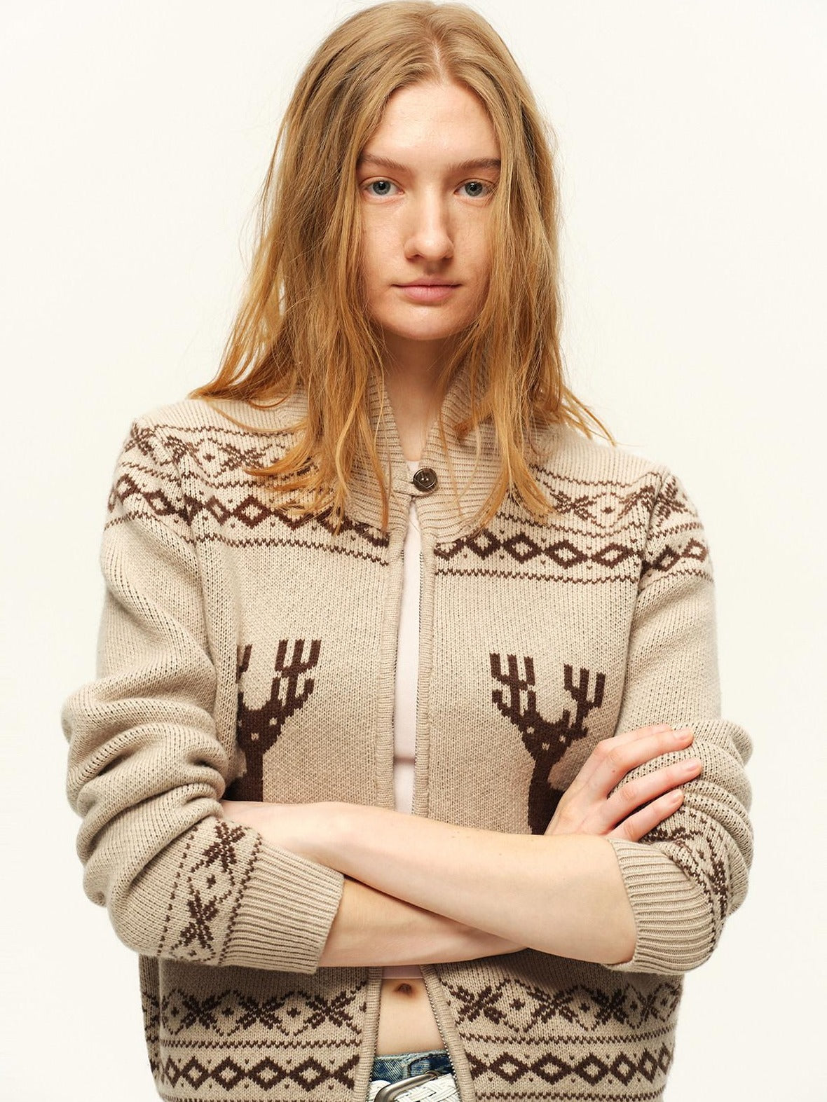 RUN TO THE FUTURE Soft Wool Blend Loose Zip Stand Collar Vintage Animal Camel Women Cardigans