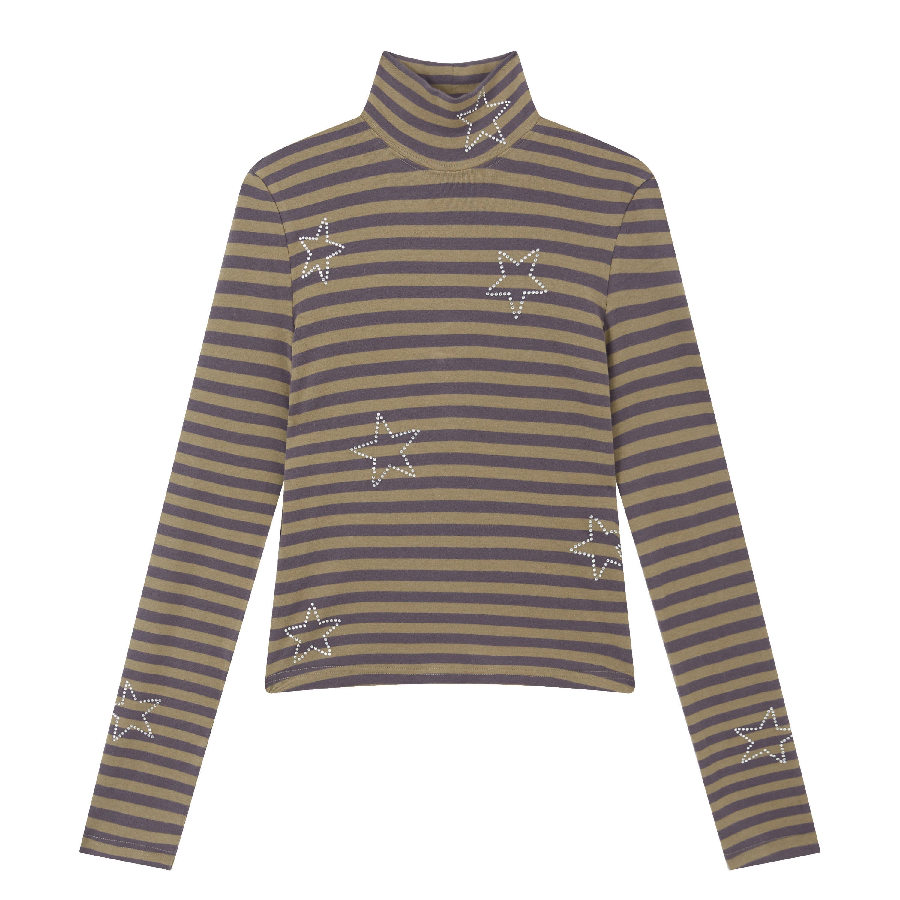 RUN TO THE FUTURE Stretch Cotton Slim High Neck Striped Commuter Women Long Sleeve T-Shirts