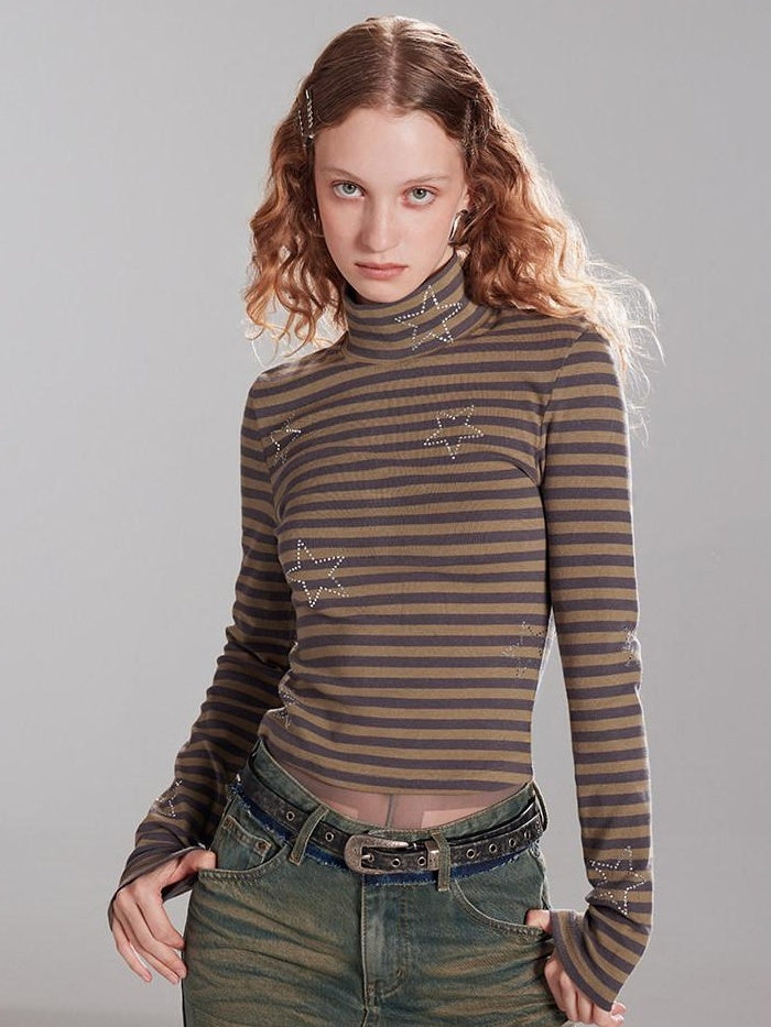RUN TO THE FUTURE Stretch Cotton Slim High Neck Striped Commuter Women Long Sleeve T-Shirts