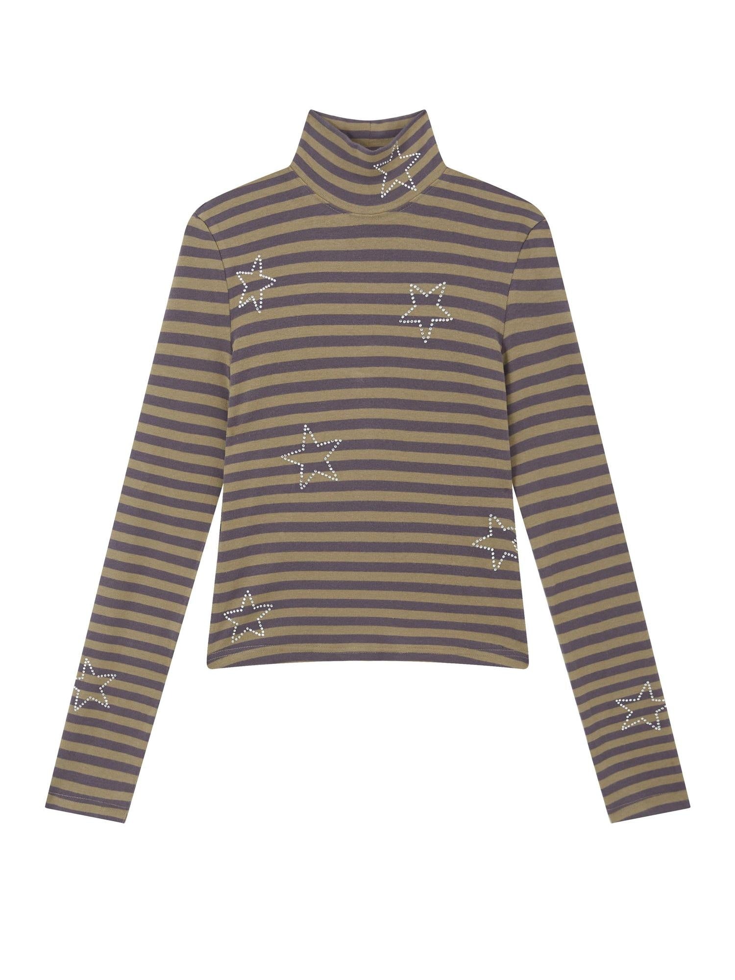 RUN TO THE FUTURE Stretch Cotton Slim High Neck Striped Commuter Women Long Sleeve T-Shirts