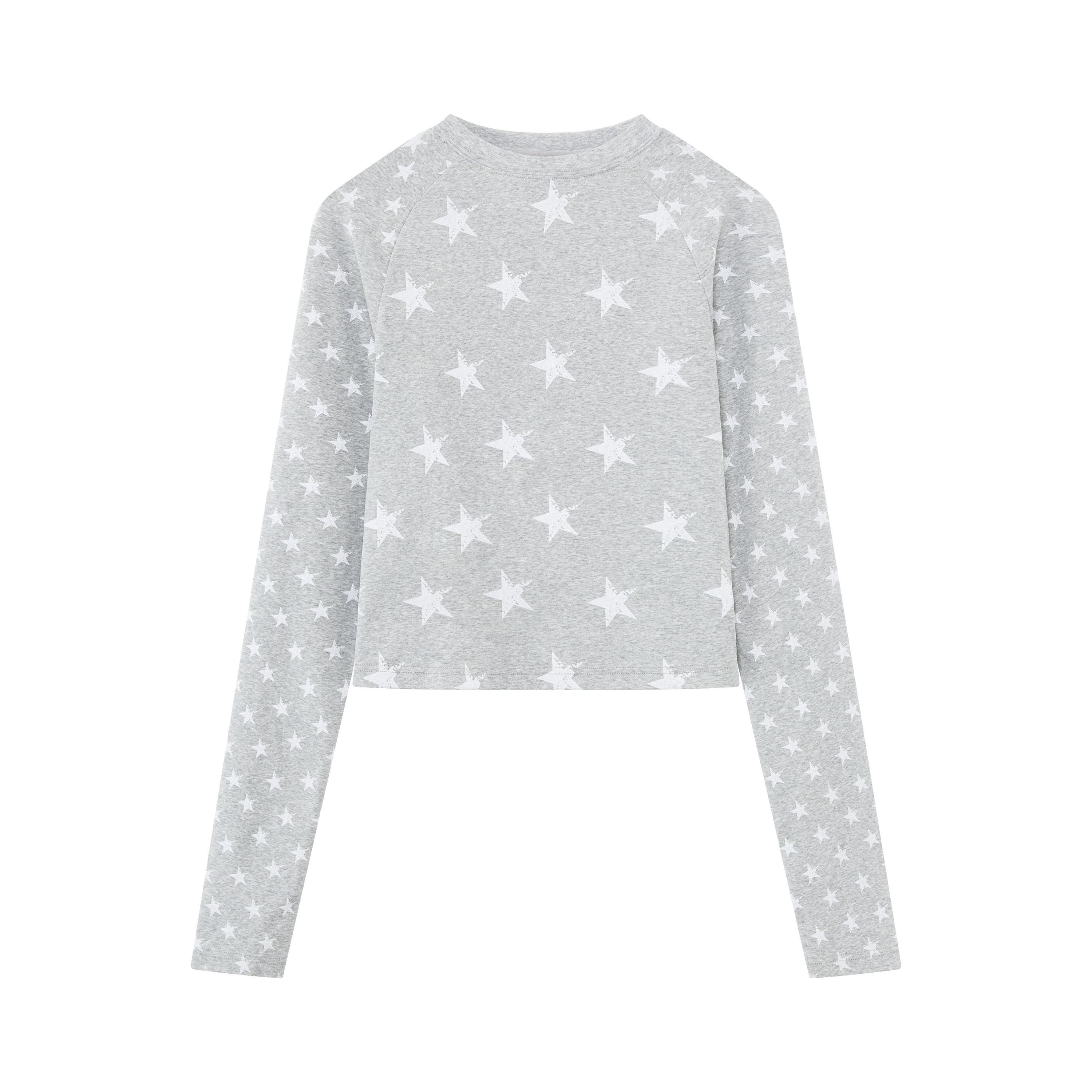 RUN TO THE FUTURE Stretch Cotton Vintage Asymmetric Slim Unisex Star Print Long Sleeve T-Shirts