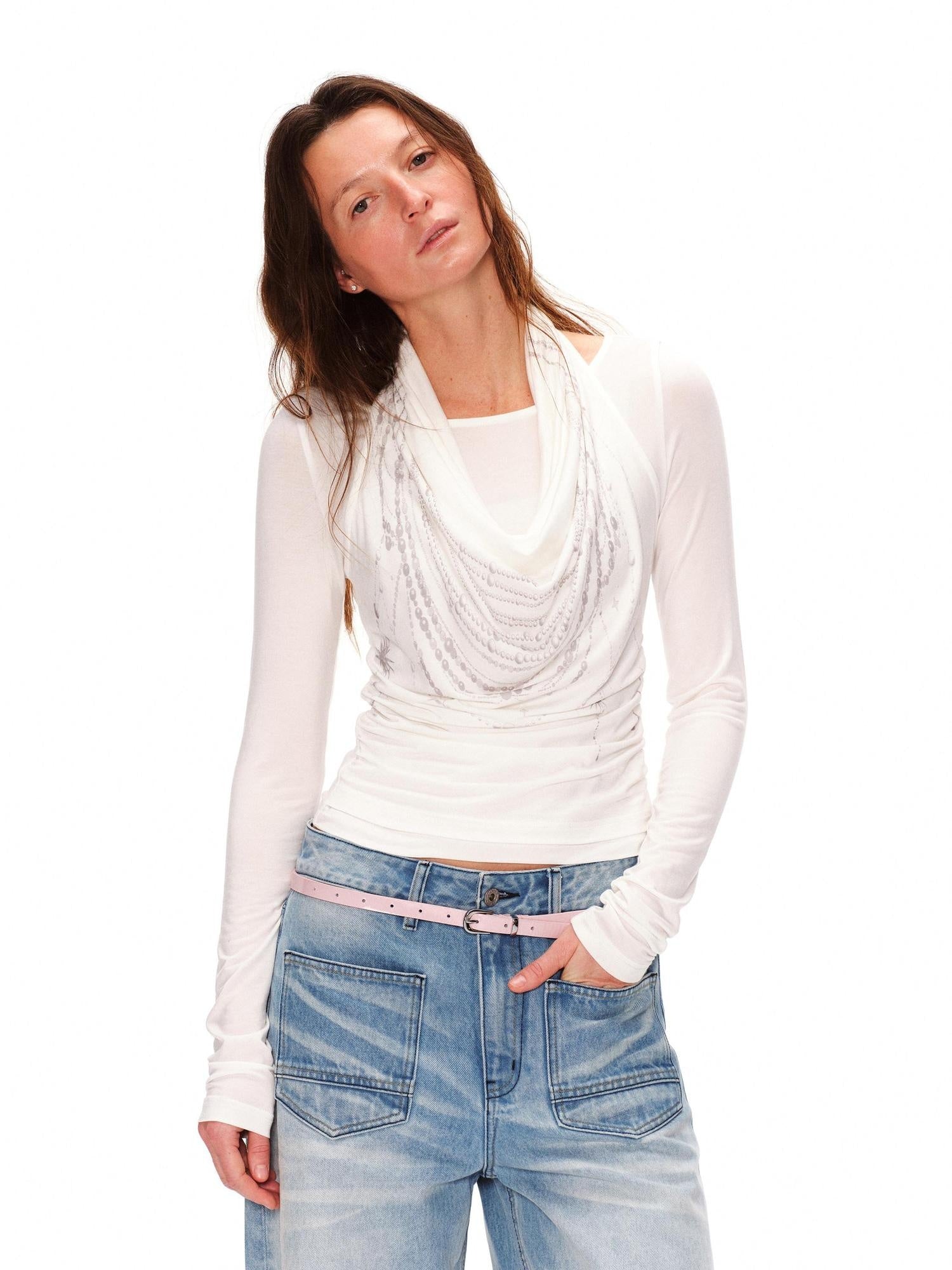 RUN TO THE FUTURE Stretch Lyocell Slim Fit Printed Faux Layer Women Green Long Sleeve T-Shirts