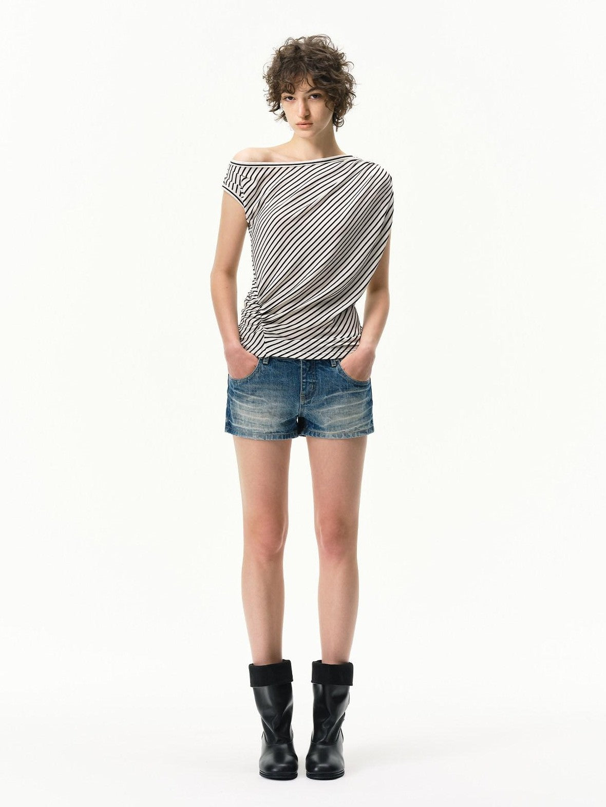 RUN TO THE FUTURE Striped Asymmetrical One Shoulder Pleated Women&