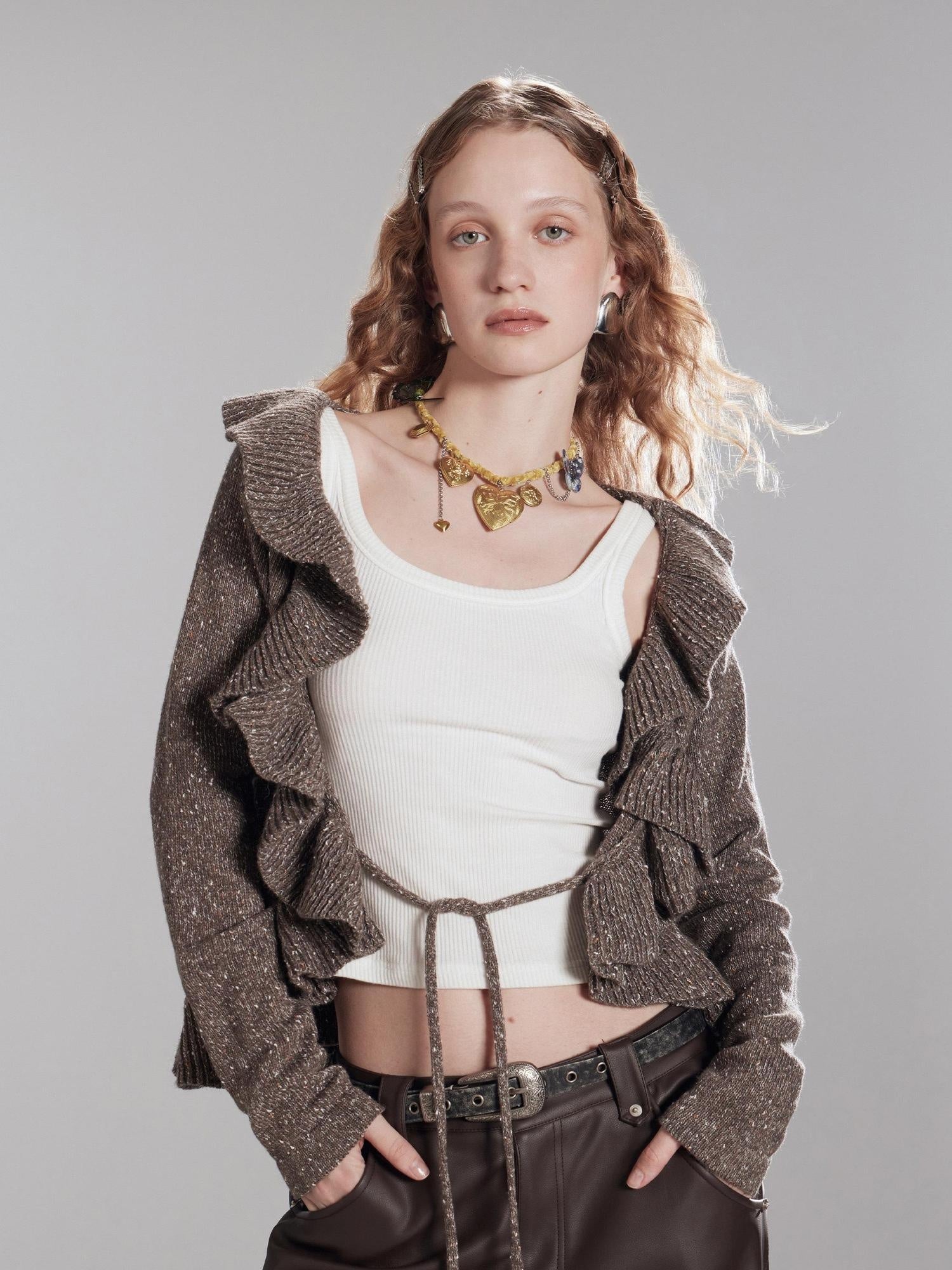 RUN TO THE FUTURE Thermal Warm Ruffle Tie Slim Short Coffee Brown Commuter Knit Cardigans