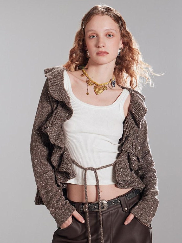 RUN TO THE FUTURE Thermal Warm Ruffle Tie Slim Short Coffee Brown Commuter Knit Cardigans