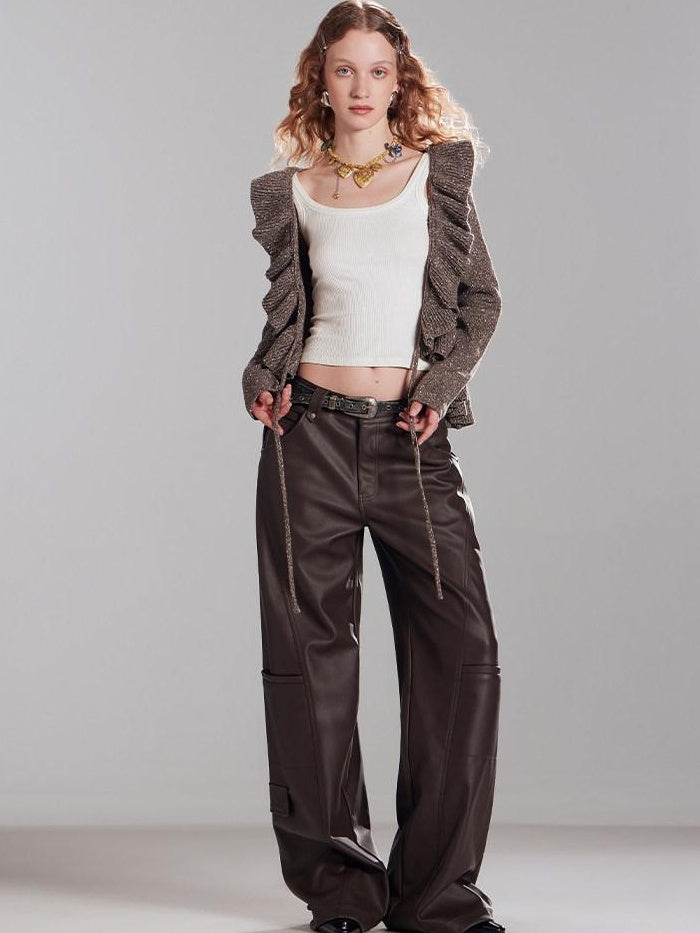 RUN TO THE FUTURE Thermal Warm Ruffle Tie Slim Short Coffee Brown Commuter Knit Cardigans