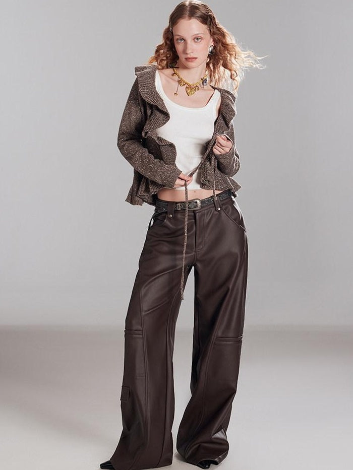 RUN TO THE FUTURE Thermal Warm Ruffle Tie Slim Short Coffee Brown Commuter Knit Cardigans