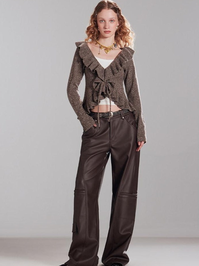 RUN TO THE FUTURE Thermal Warm Ruffle Tie Slim Short Coffee Brown Commuter Knit Cardigans