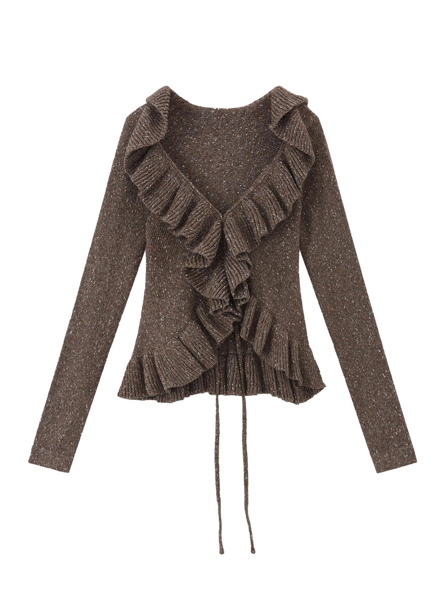 RUN TO THE FUTURE Thermal Warm Ruffle Tie Slim Short Coffee Brown Commuter Knit Cardigans