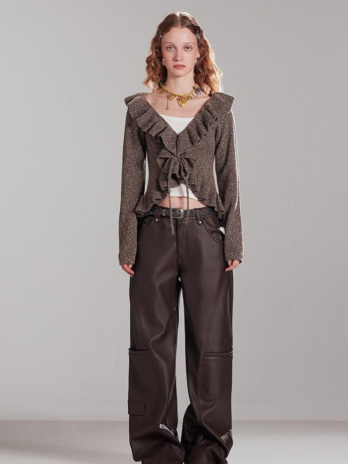 RUN TO THE FUTURE Thermal Warm Ruffle Tie Slim Short Coffee Brown Commuter Knit Cardigans
