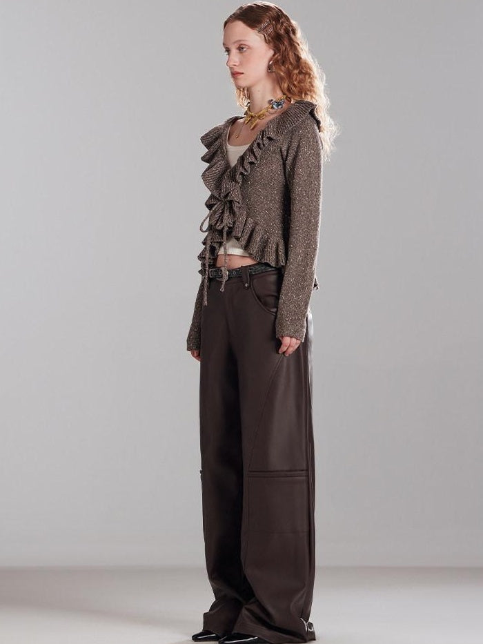 RUN TO THE FUTURE Thermal Warm Ruffle Tie Slim Short Coffee Brown Commuter Knit Cardigans