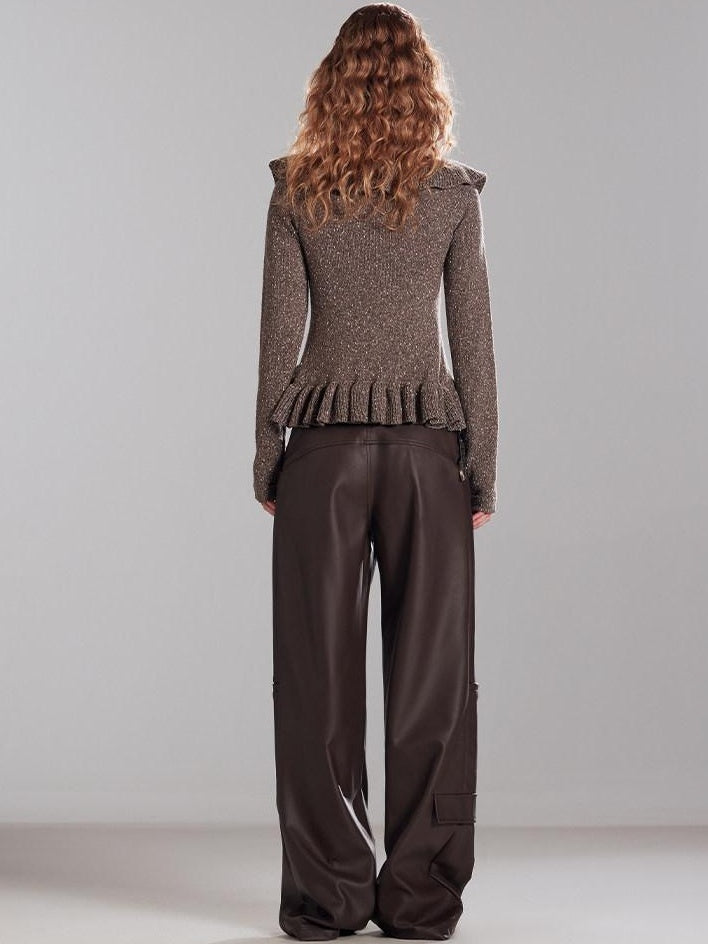 RUN TO THE FUTURE Thermal Warm Ruffle Tie Slim Short Coffee Brown Commuter Knit Cardigans