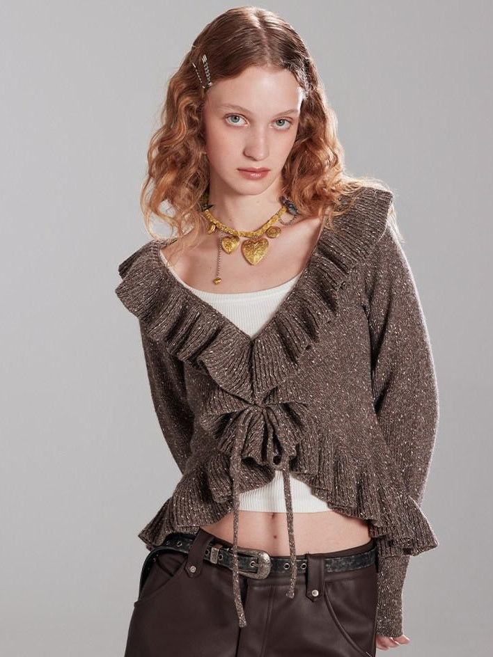 RUN TO THE FUTURE Thermal Warm Ruffle Tie Slim Short Coffee Brown Commuter Knit Cardigans