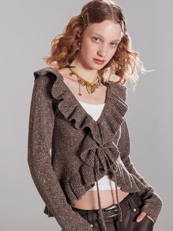 RUN TO THE FUTURE Thermal Warm Ruffle Tie Slim Short Coffee Brown Commuter Knit Cardigans