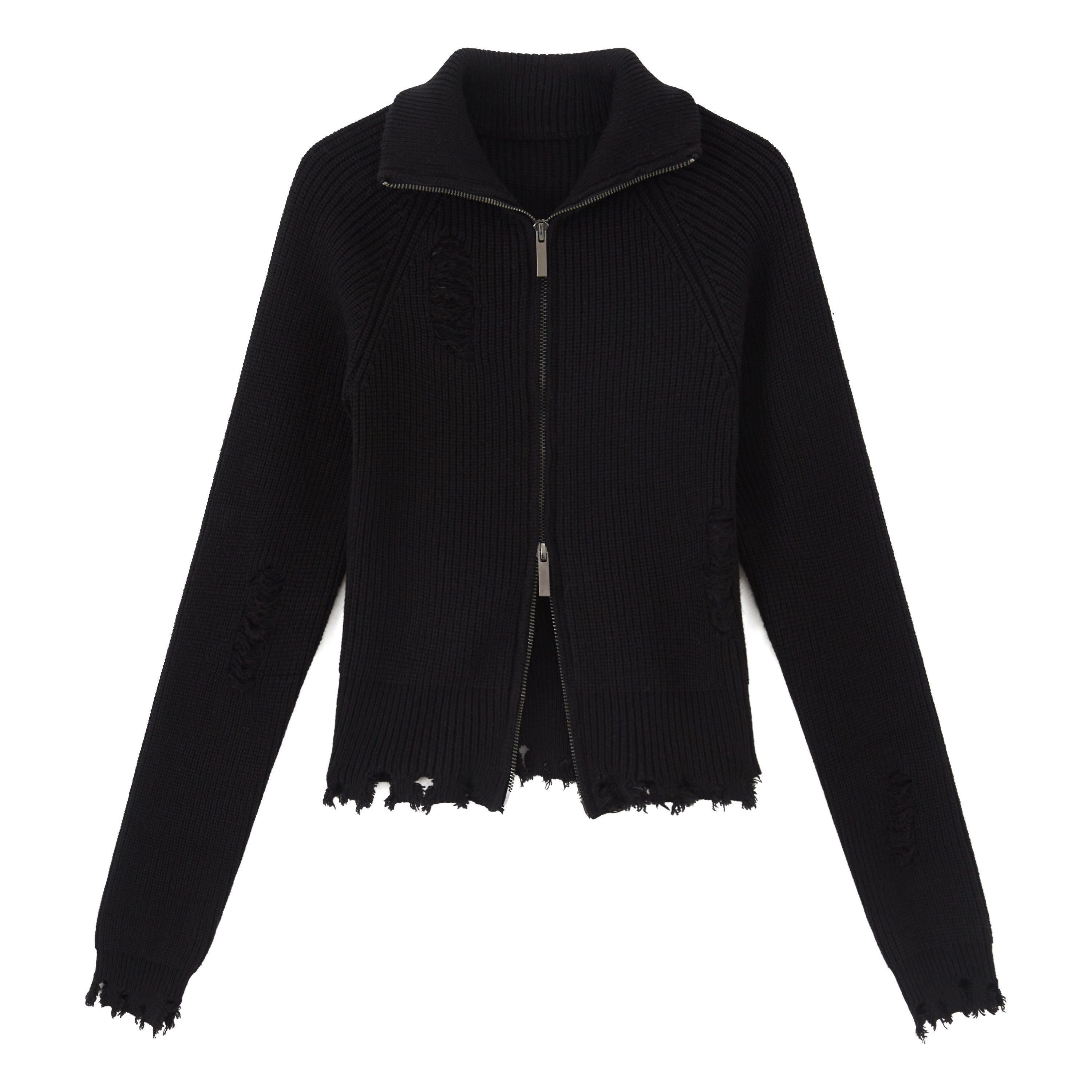 RUN_TO_THE_FUTURE_Thermal_Zip_Stand_Collar_Slim_Short_Distressed_Asymmetrical_Cardigans_MISSTT