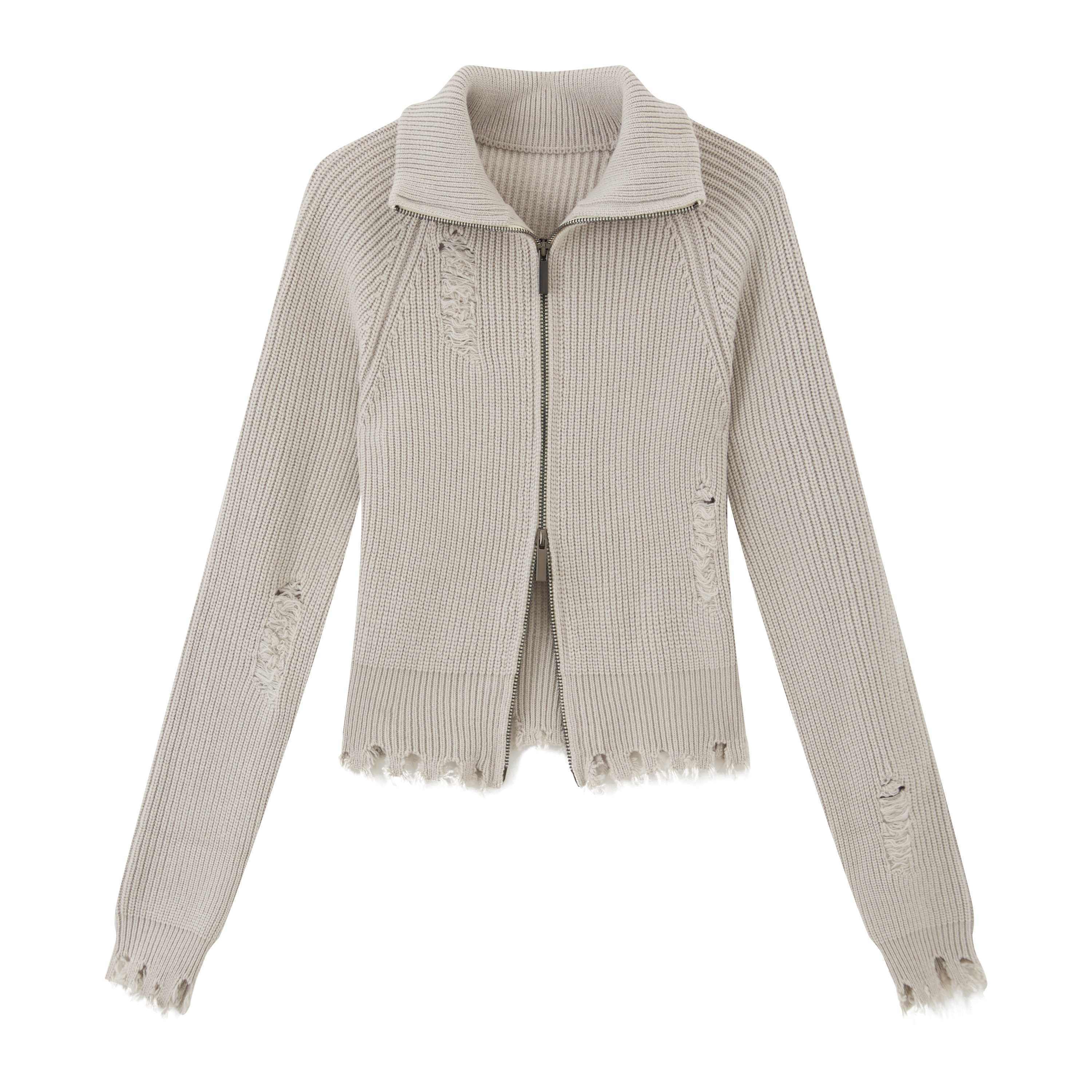 RUN_TO_THE_FUTURE_Thermal_Zip_Stand_Collar_Slim_Short_Distressed_Asymmetrical_Cardigans_MISSTT