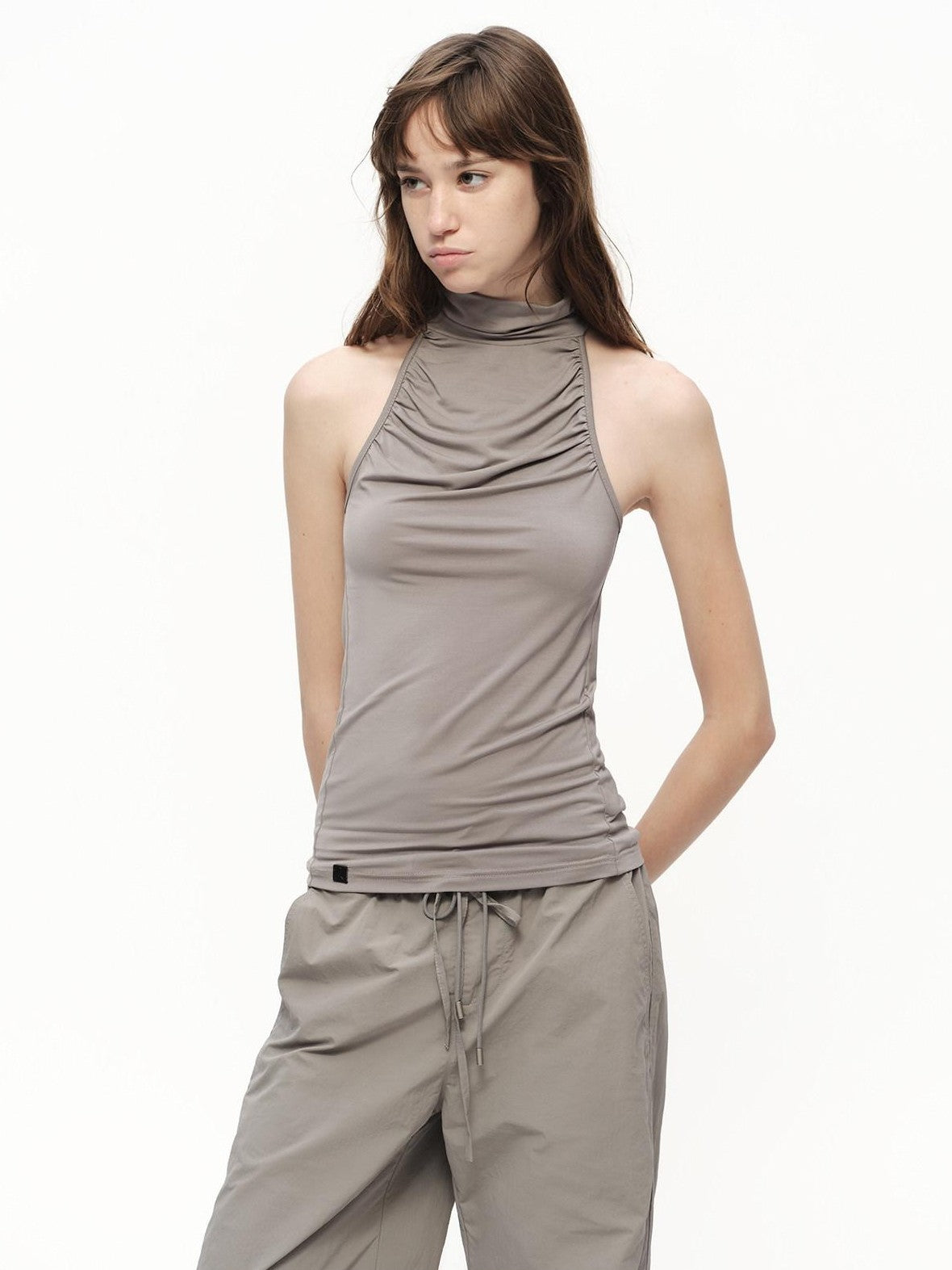 RUN TO THE FUTURE Urban Gray Ruched Halter Mock Neck Slim Women&
