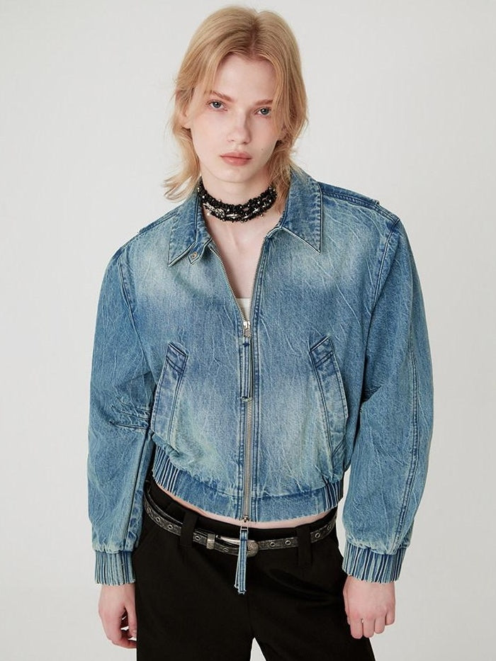 RUN TO THE FUTURE Vintage Blue Denim Original Short Zip Lapel Loose Fit Solid Jackets