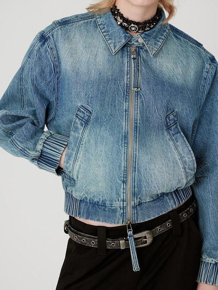 RUN TO THE FUTURE Vintage Blue Denim Original Short Zip Lapel Loose Fit Solid Jackets
