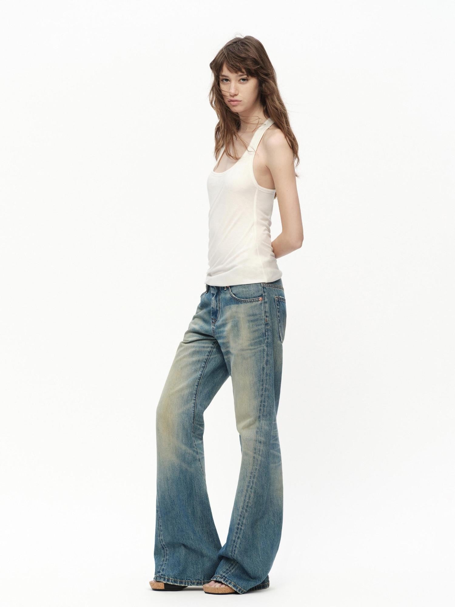 RUN TO THE FUTURE Vintage Blue Washed Distressed Mid Low Waist Women&