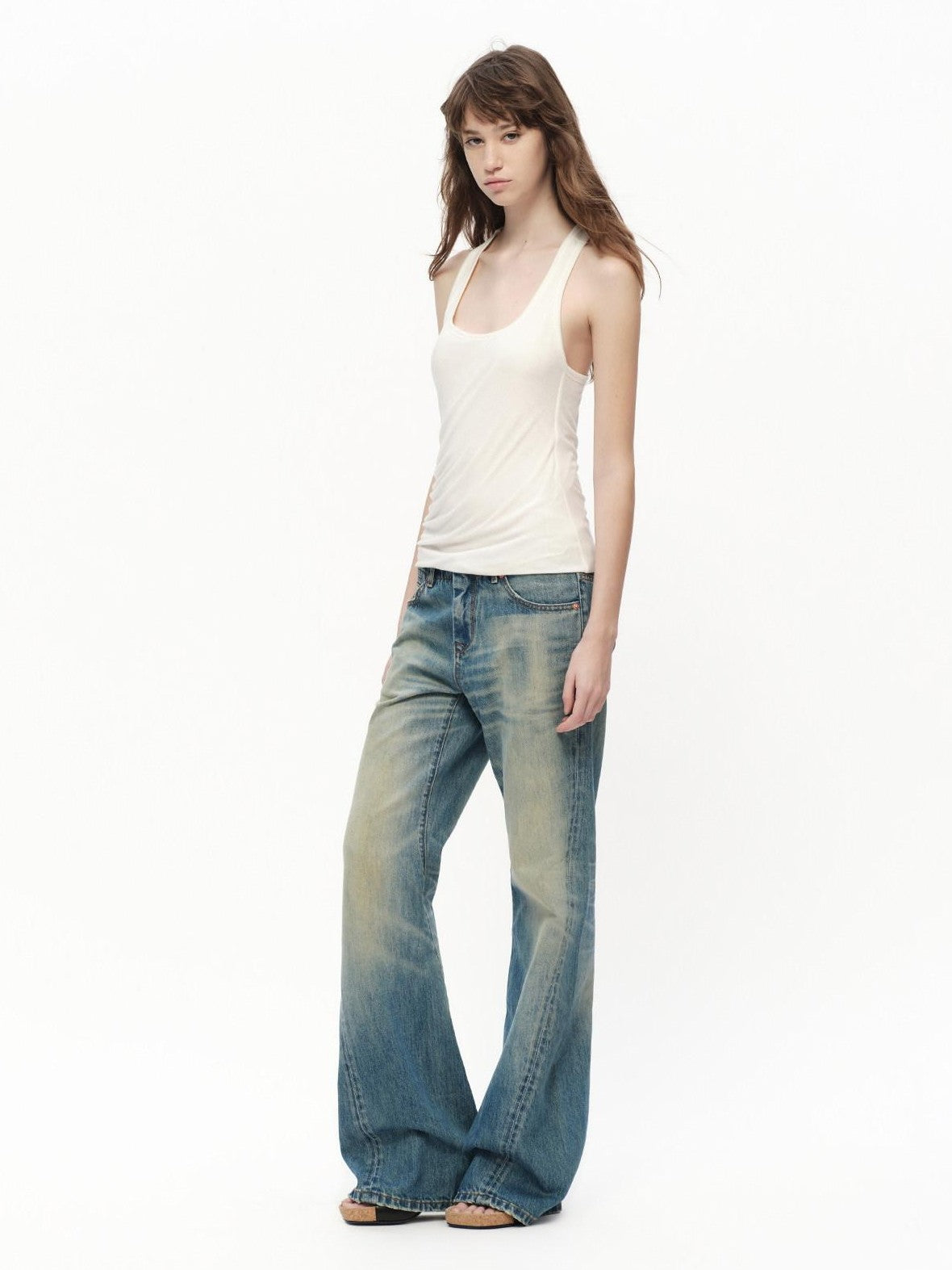 RUN TO THE FUTURE Vintage Blue Washed Distressed Mid Low Waist Women&