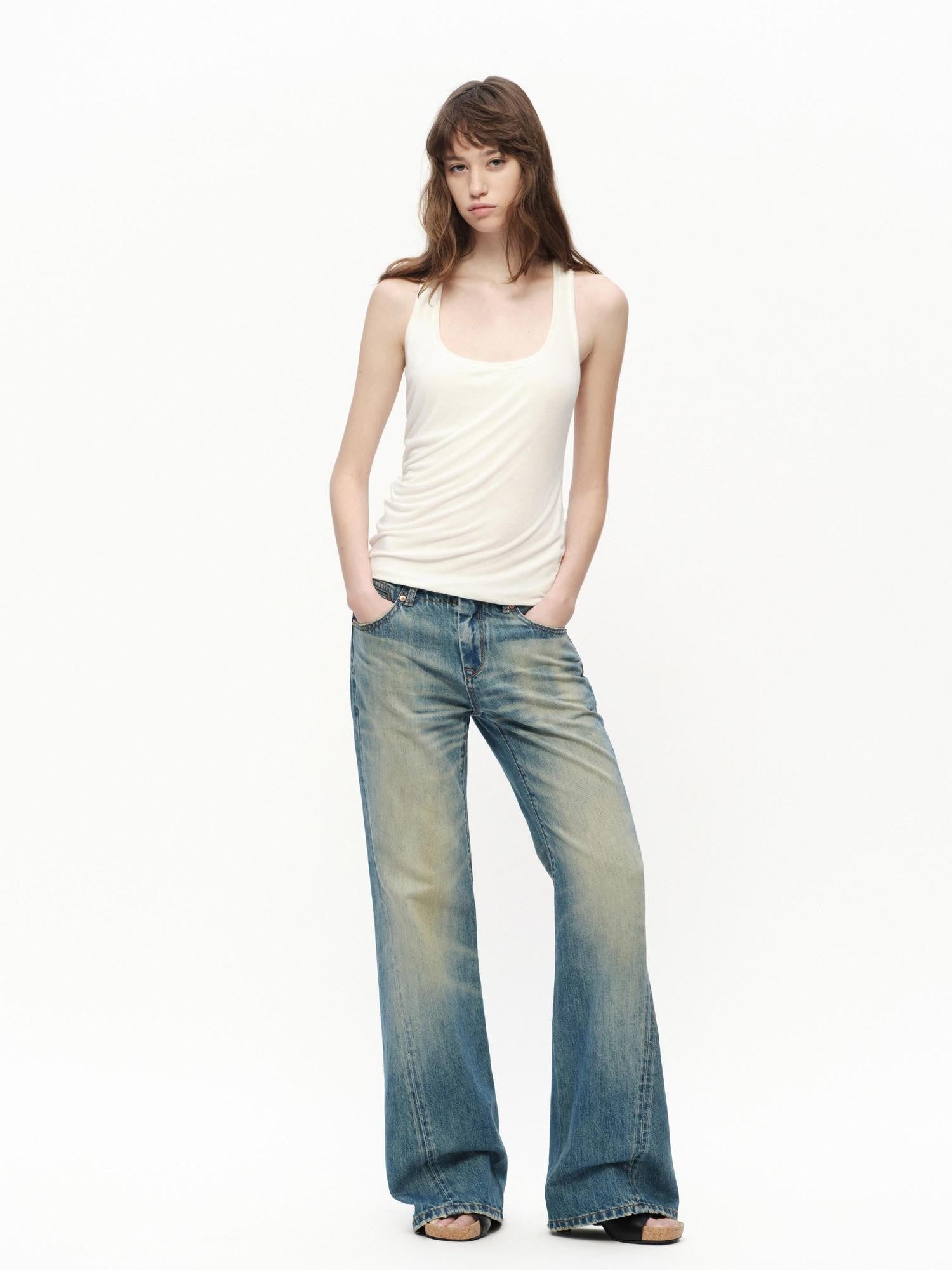 RUN TO THE FUTURE Vintage Blue Washed Distressed Mid Low Waist Women&