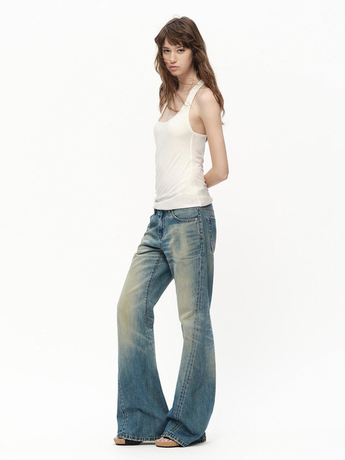 RUN TO THE FUTURE Vintage Blue Washed Distressed Mid Low Waist Women&