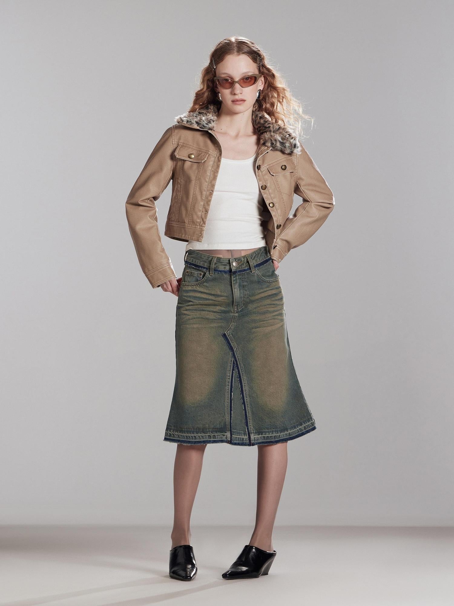 RUN TO THE FUTURE Vintage Distressed Washed Denim Low Waist A Line City Casual Midi Skirts