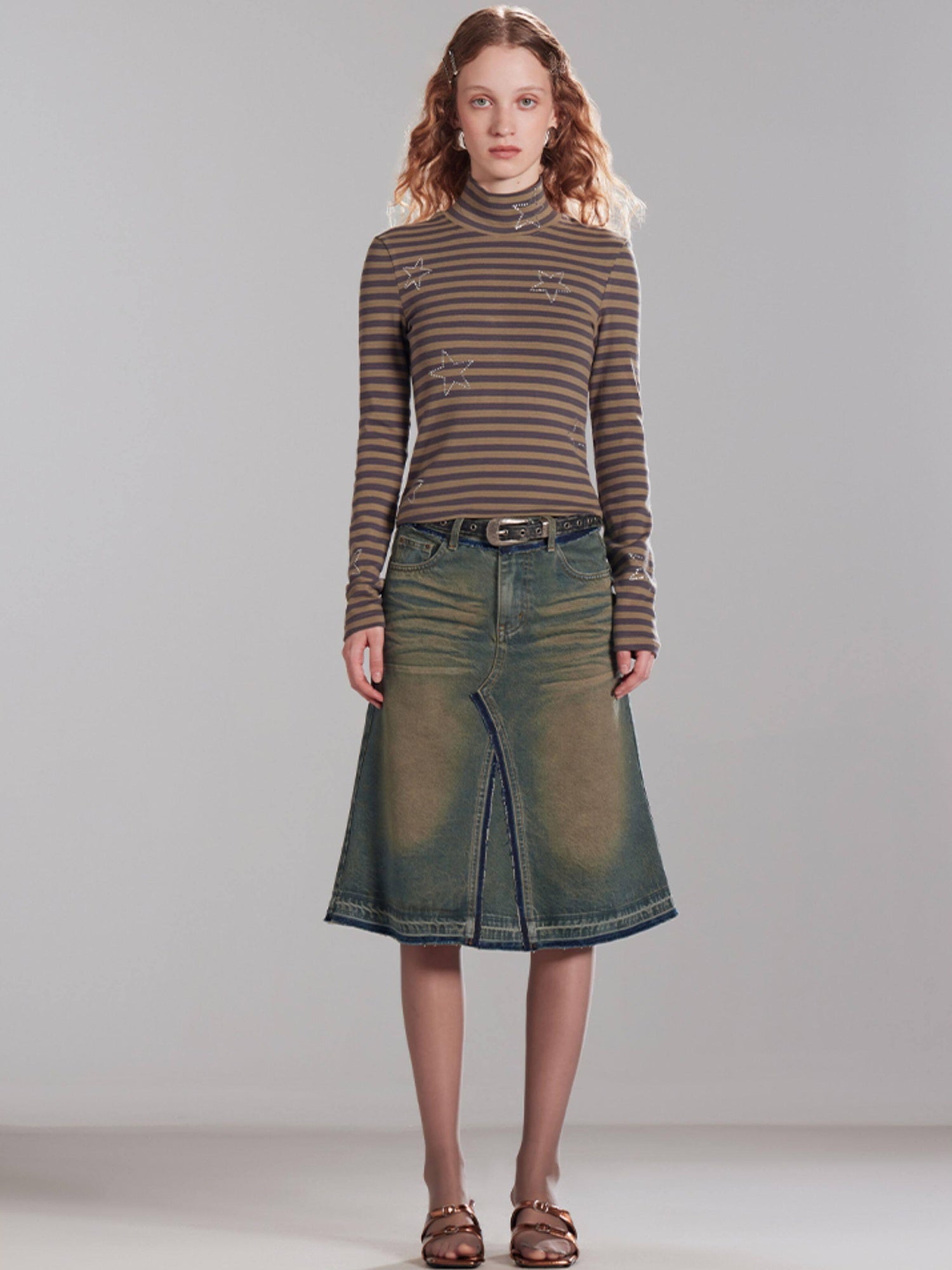 RUN TO THE FUTURE Vintage Distressed Washed Denim Low Waist A Line City Casual Midi Skirts