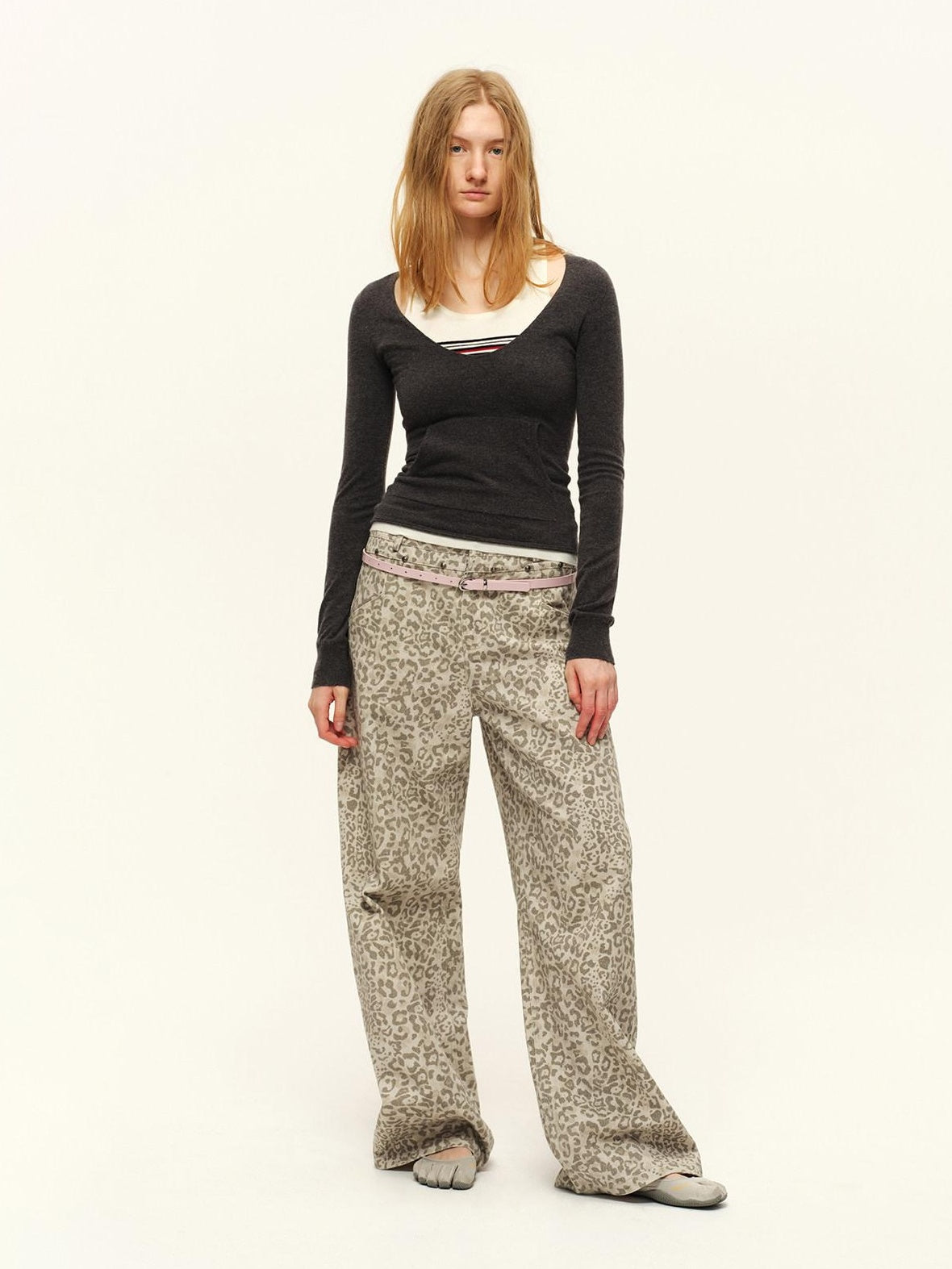 RUN TO THE FUTURE Vintage Leopard Cotton Minimal Asymmetrical Mid Rise Unisex Wide-Leg Pants
