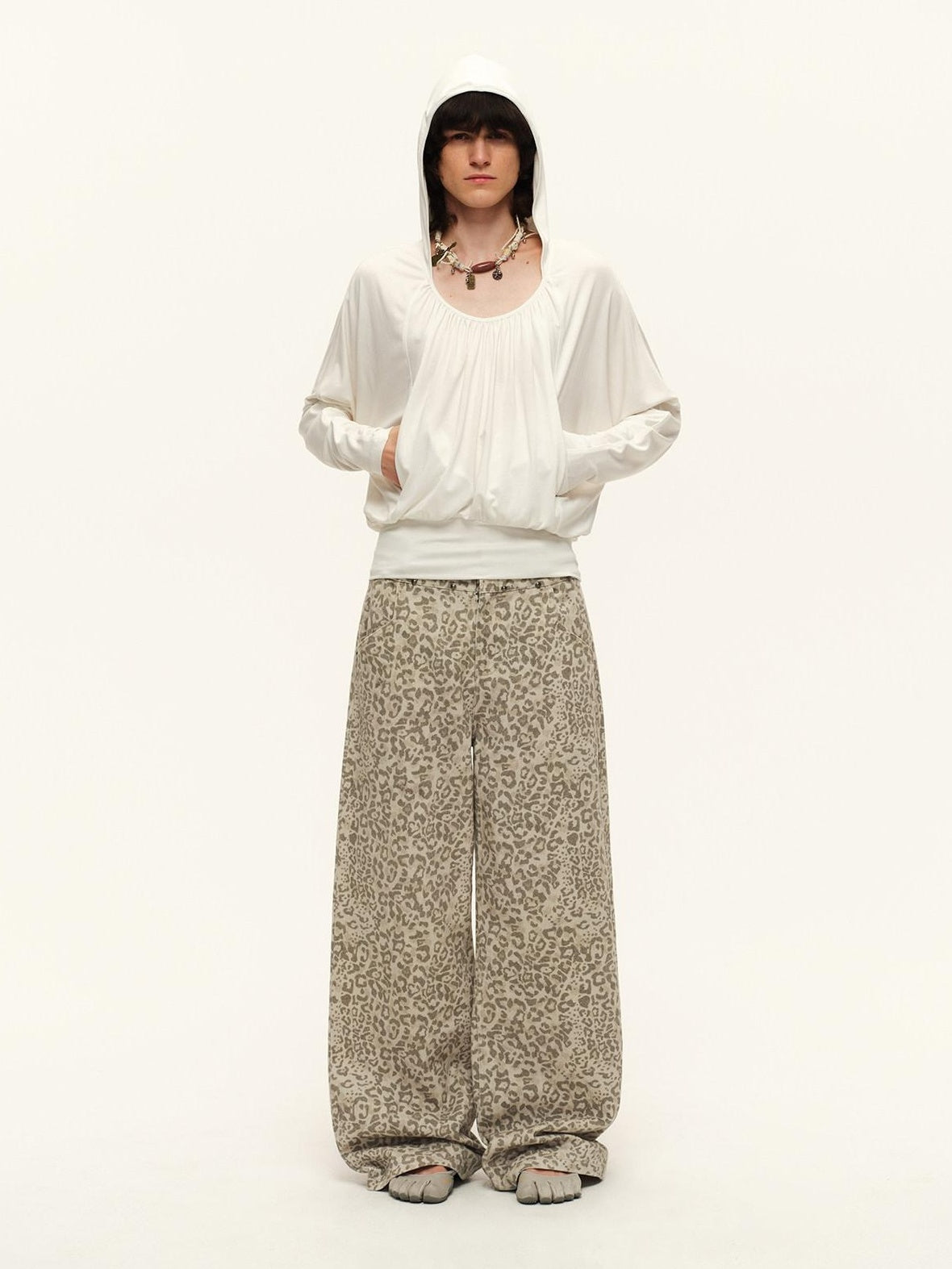 RUN TO THE FUTURE Vintage Leopard Cotton Minimal Asymmetrical Mid Rise Unisex Wide-Leg Pants