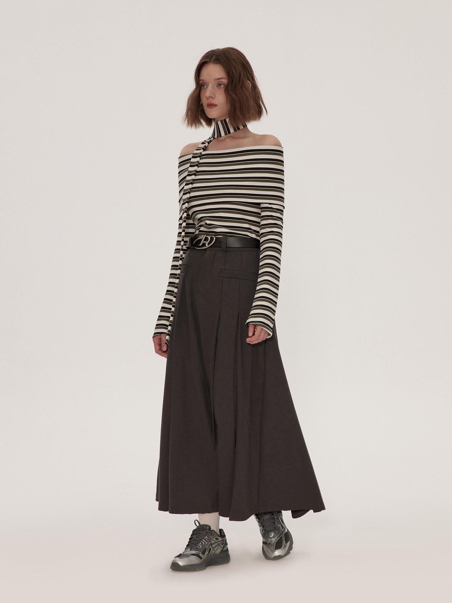RUN TO THE FUTURE Vintage Pleated A Line Mid Waist Commuter Women Casual Polyester Maxi Skirts