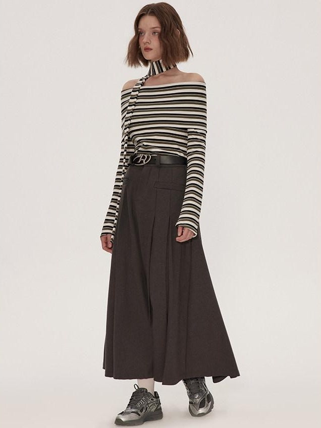 RUN TO THE FUTURE Vintage Pleated A Line Mid Waist Commuter Women Casual Polyester Maxi Skirts