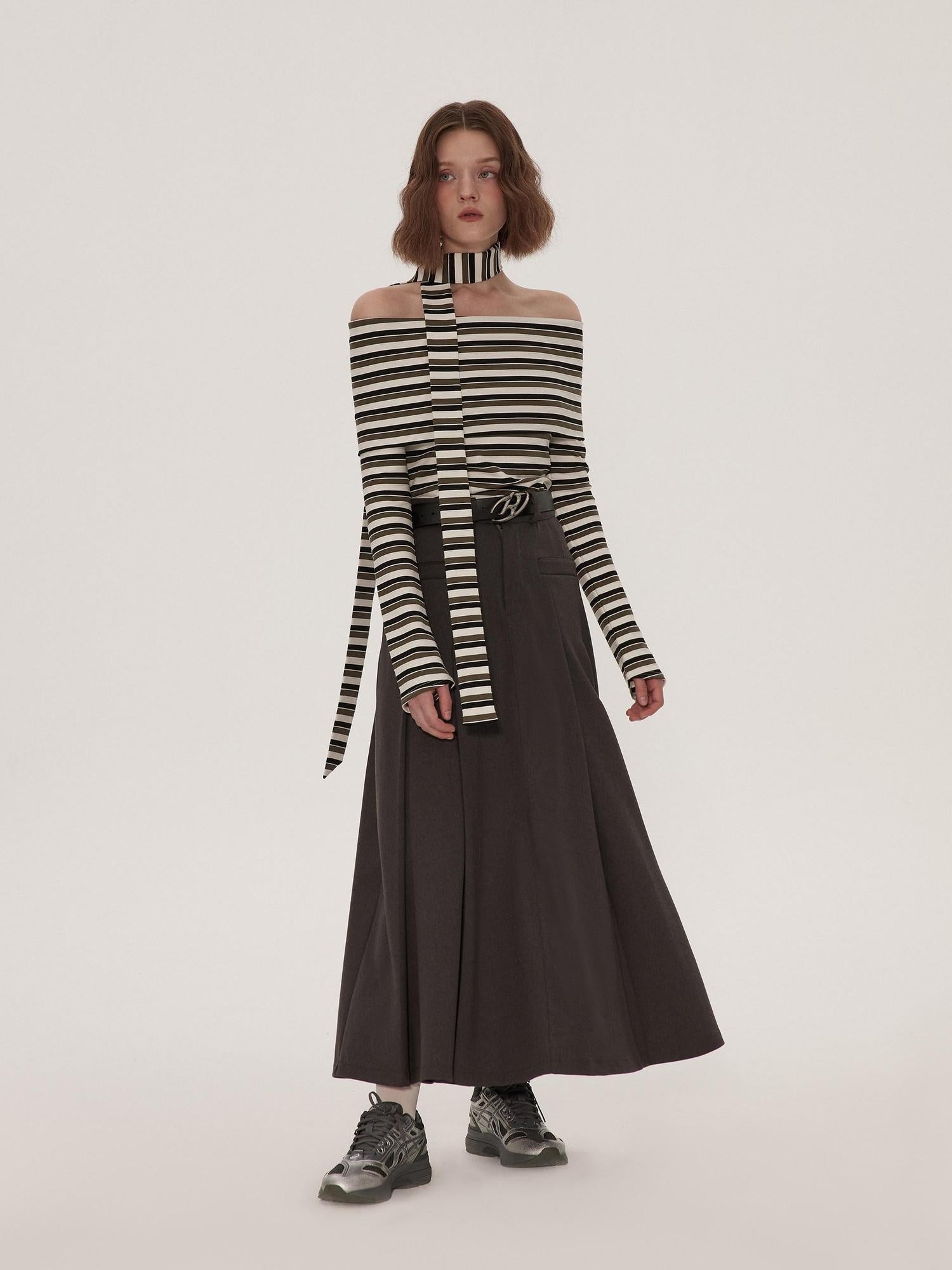 RUN TO THE FUTURE Vintage Pleated A Line Mid Waist Commuter Women Casual Polyester Maxi Skirts