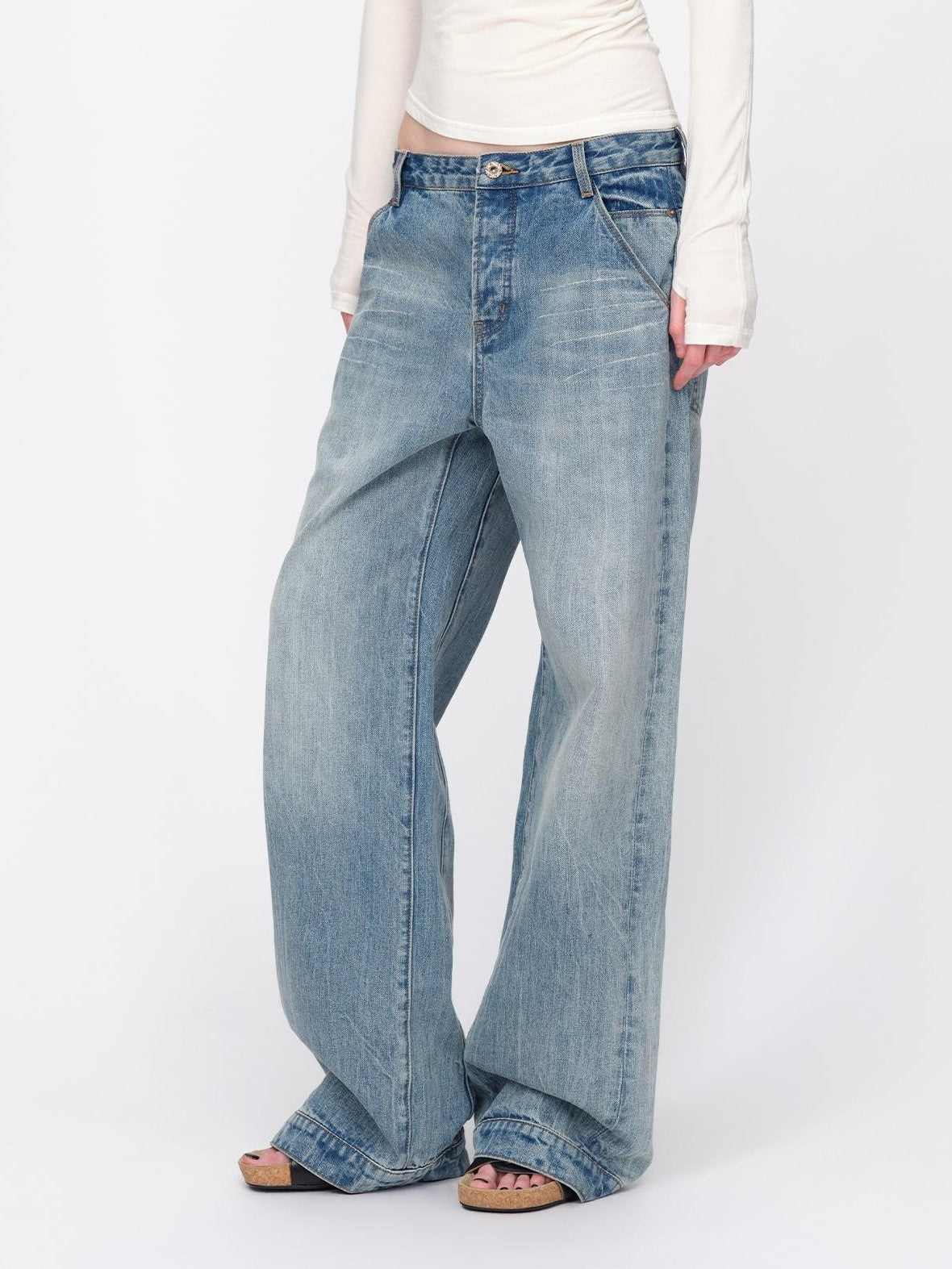 RUN TO THE FUTURE Vintage Wash Distressed Low Rise Loose Fit Women&
