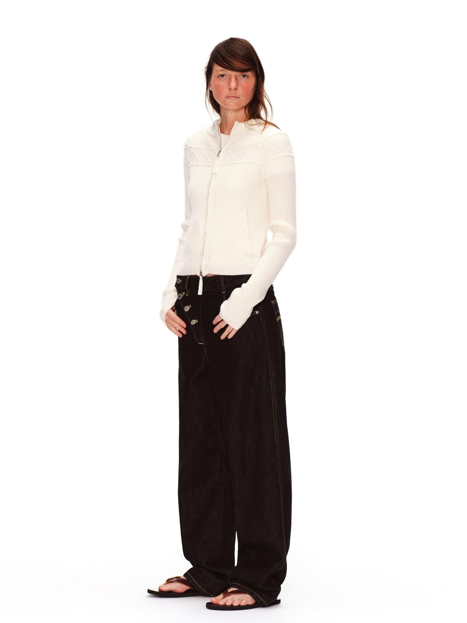 RUN TO THE FUTURE Vintage Washed Asymmetric Tapered Button Fly Dark Denim Straight Jeans