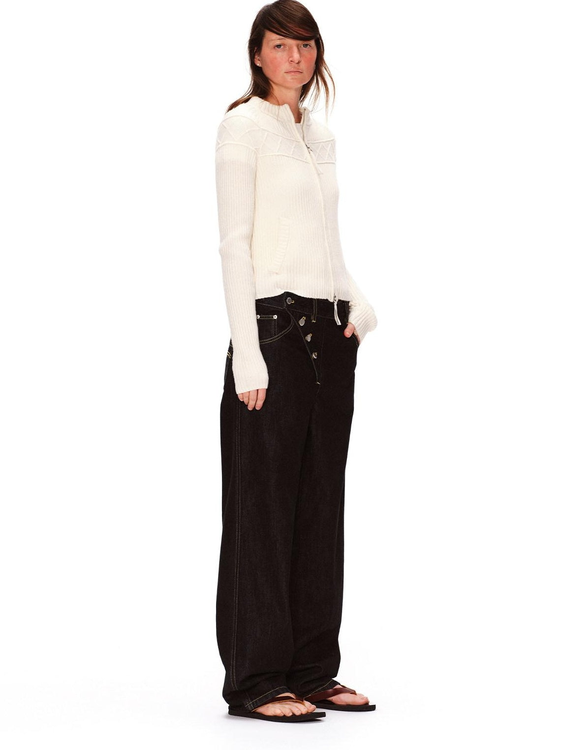 RUN TO THE FUTURE Vintage Washed Asymmetric Tapered Button Fly Dark Denim Straight Jeans