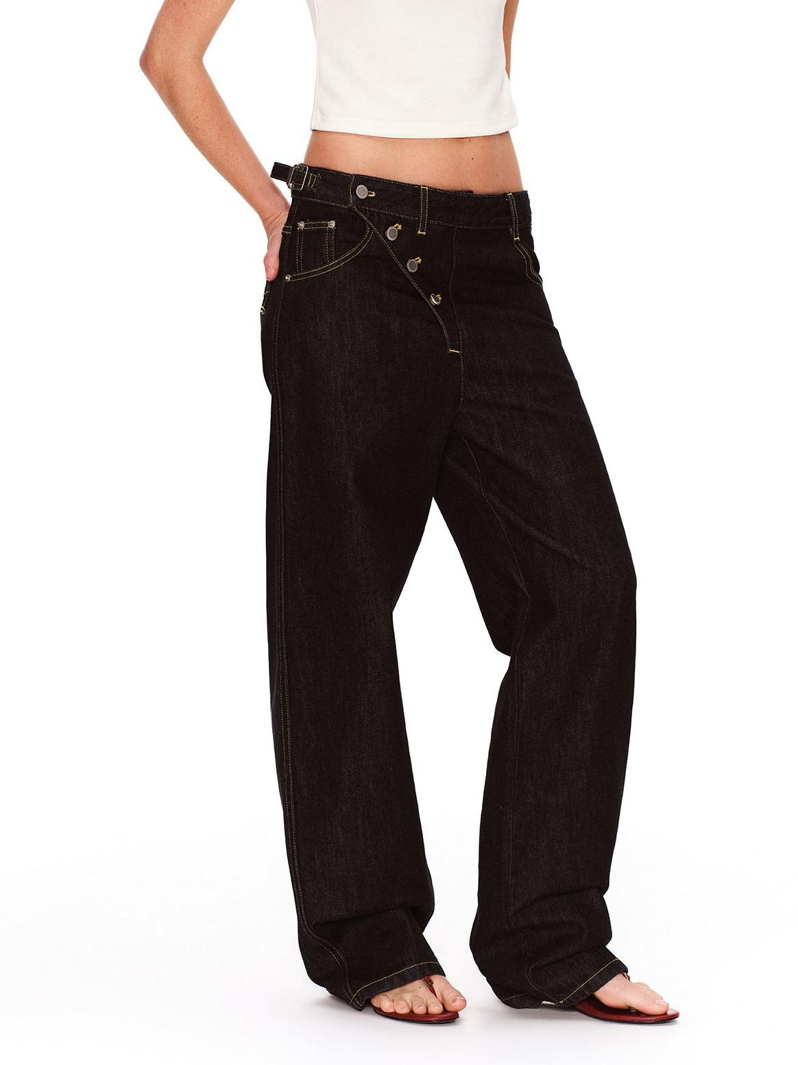 RUN TO THE FUTURE Vintage Washed Asymmetric Tapered Button Fly Dark Denim Straight Jeans