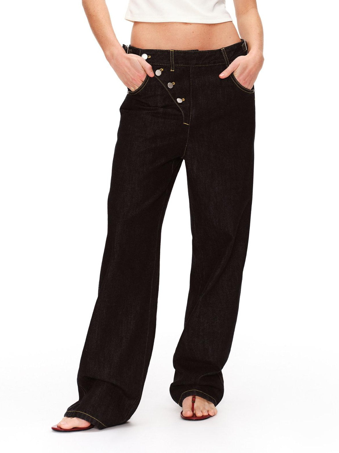 RUN TO THE FUTURE Vintage Washed Asymmetric Tapered Button Fly Dark Denim Straight Jeans