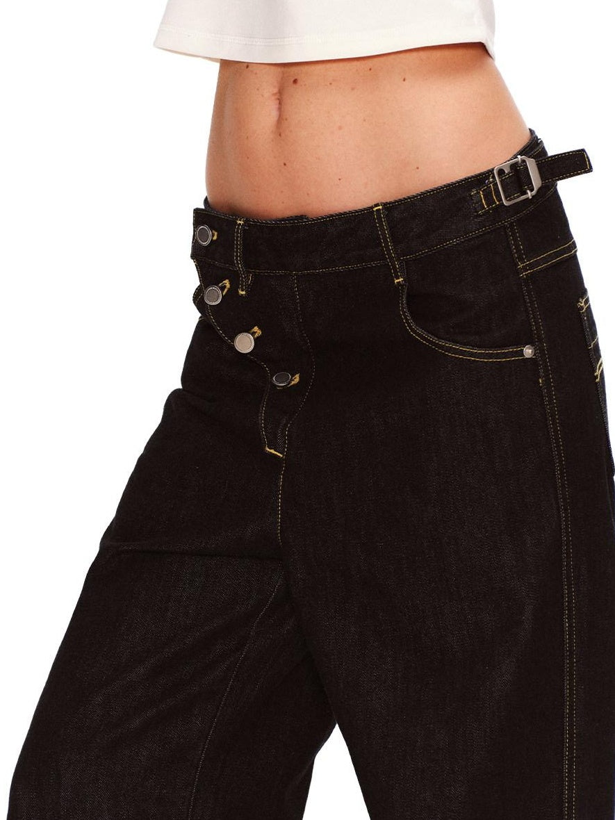RUN TO THE FUTURE Vintage Washed Asymmetric Tapered Button Fly Dark Denim Straight Jeans