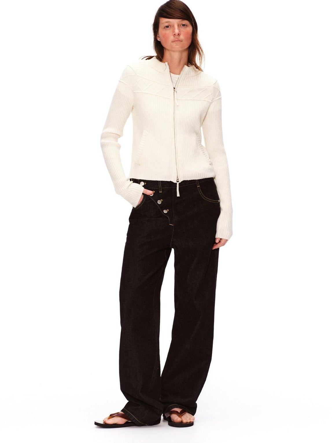 RUN TO THE FUTURE Vintage Washed Asymmetric Tapered Button Fly Dark Denim Straight Jeans