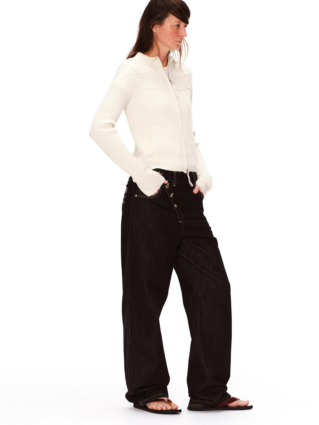 RUN TO THE FUTURE Vintage Washed Asymmetric Tapered Button Fly Dark Denim Straight Jeans