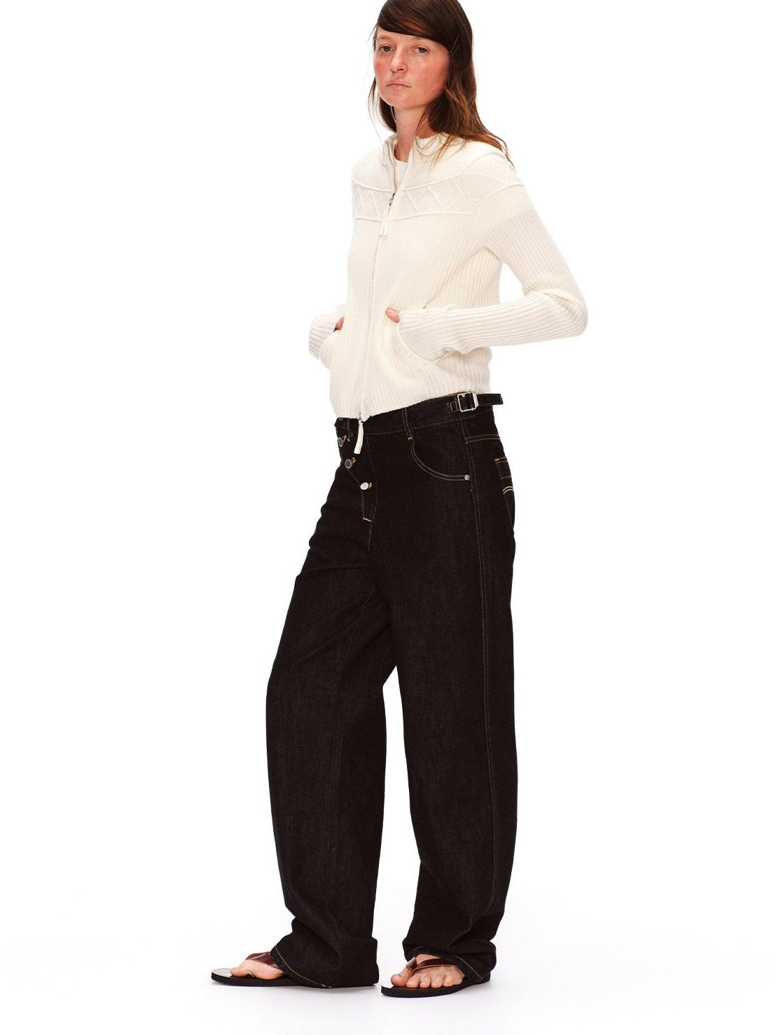 RUN TO THE FUTURE Vintage Washed Asymmetric Tapered Button Fly Dark Denim Straight Jeans