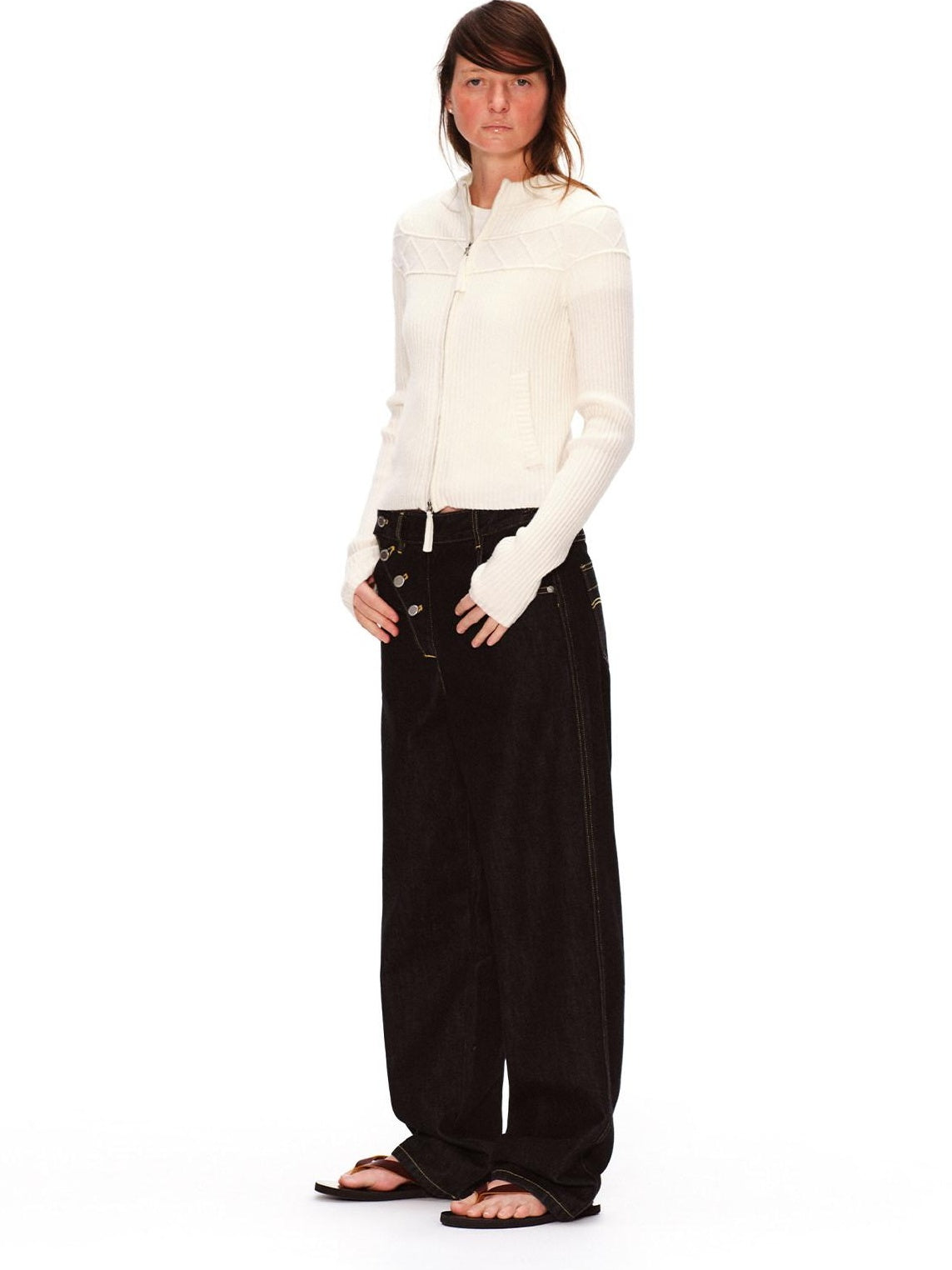 RUN TO THE FUTURE Vintage Washed Asymmetric Tapered Button Fly Dark Denim Straight Jeans