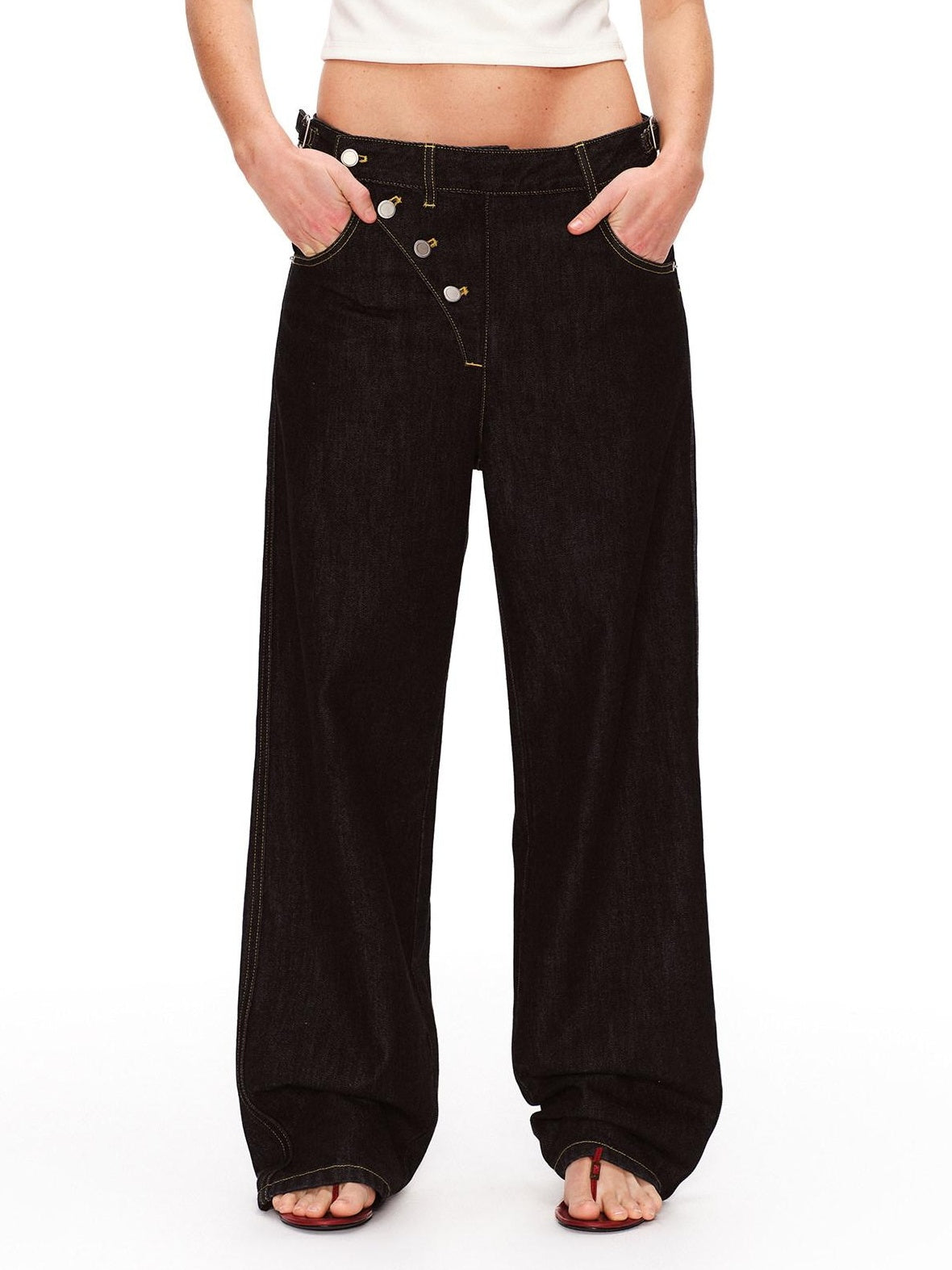 RUN TO THE FUTURE Vintage Washed Asymmetric Tapered Button Fly Dark Denim Straight Jeans