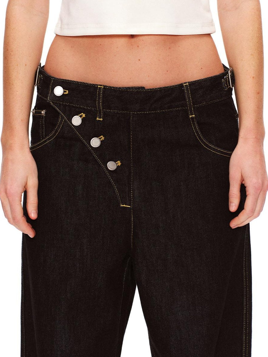 RUN TO THE FUTURE Vintage Washed Asymmetric Tapered Button Fly Dark Denim Straight Jeans