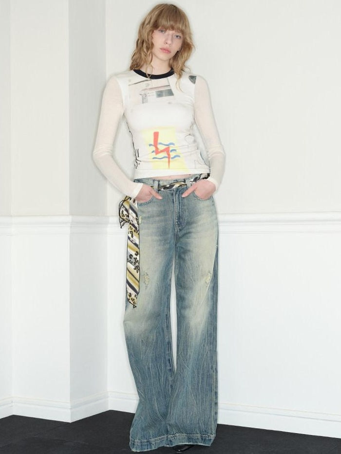 RUN TO THE FUTURE Vintage Washed Low Rise Loose Fit Zipper Fly Women Rigid Denim Flare Jeans