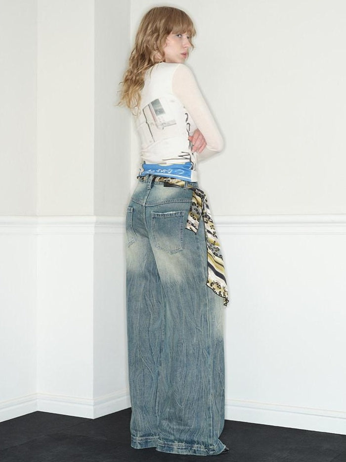 RUN TO THE FUTURE Vintage Washed Low Rise Loose Fit Zipper Fly Women Rigid Denim Flare Jeans