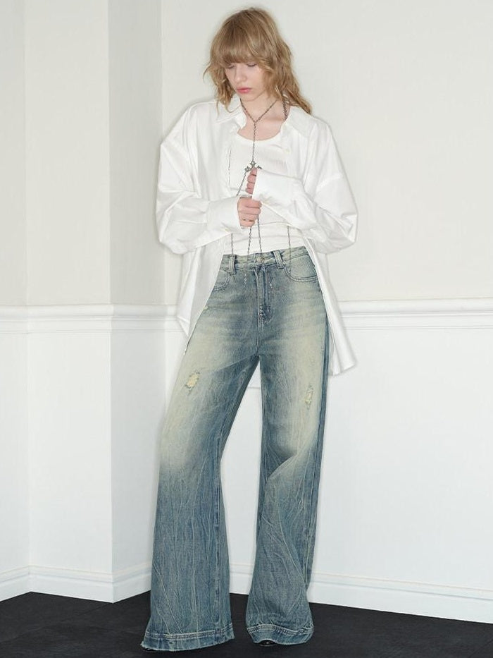 RUN TO THE FUTURE Vintage Washed Low Rise Loose Fit Zipper Fly Women Rigid Denim Flare Jeans